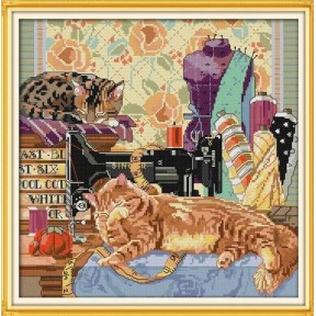 Кот и швейная машинка 1 Набор для вышивания крестом с печатной схемой на ткани Joy Sunday D652