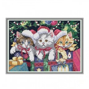 Рождественские котята Набор для вышивания крестиком с печатной схемой на ткани Joy Sunday DA222