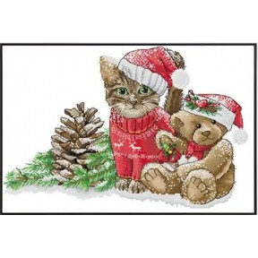 Рождественский котенок и медвежонок Набор для вышивания крестиком с печатной схемой на ткани Joy Sunday KB219