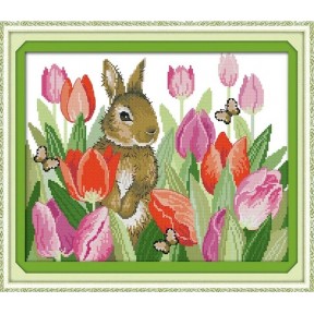 Кролик в тюльпанах Набор для вышивания крестом с печатной схемой на ткани Joy Sunday D730