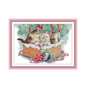 Новогодние котята Набор для вышивания крестом с печатной схемой на ткани Joy Sunday DA927