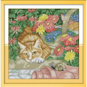 Кішка та равлик Набір для вишивання хрестиком з друкованою  схемою на тканині Joy Sunday D341