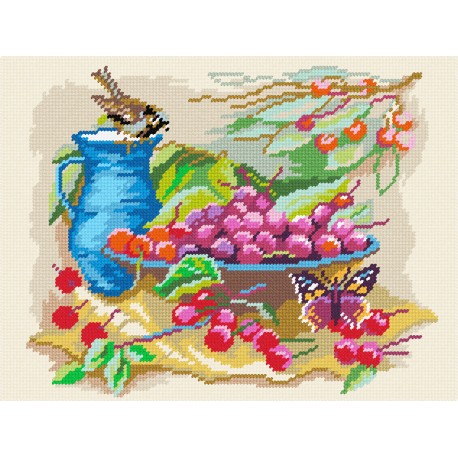 Горобець біля миски з черешнею Набір для вишивання по канві з малюнком Quick Tapestry TL-08