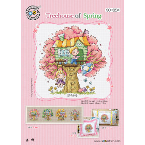 Схема для вишивання нитками хрестиком Soda Stitch Treehouse of Spring // Весняний будиночок на дереві