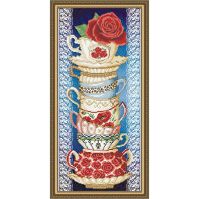 Схема на ткани для вышивания бисером ArtSolo Чашки с розой на синем  VKA3083