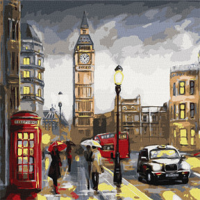 Дощовий Лондон Картина за номерами Ідейка Полотно на підрамнику 50х50 см KHO3599
