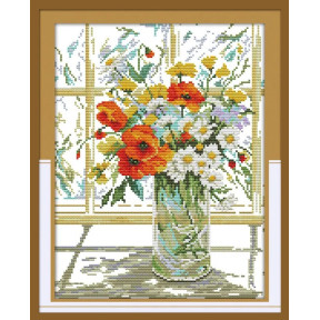 Букет цветов возле окна H244 Набор для вышивки крестиком с печатью на ткани 14ст