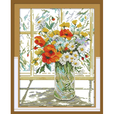 Букет квітів біля вікна H244 Набір для вишивання хрестиком з печаттю на тканині 14ст