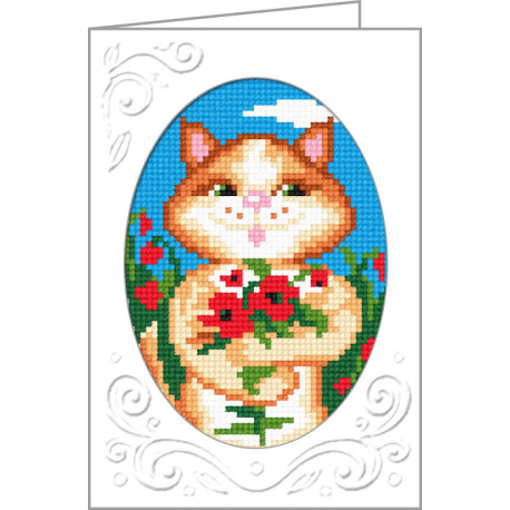 Кіт з букетом Листівка з канвою з нанесеним малюнком Чарівниця M-22