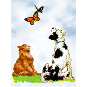 Кот и пёс ловят бабочек Ткань для вышивания с нанесённым рисунком Orchidea O-018