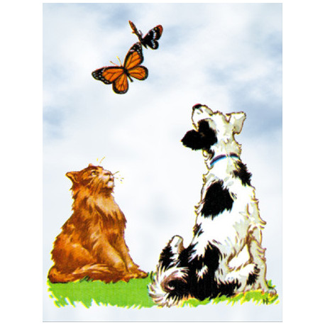 Кіт і пес ловлять метеликів Тканина для вишивання з нанесеним малюнком Orchidea O-018