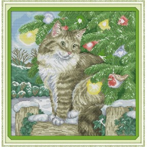 Рождественский кот Набор для вышивания крестом с печатной схемой на ткани Joy Sunday D345