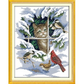 Кішка та птахи Набір для вишивання хрестом з друкованою схемою на тканині Joy Sunday D441