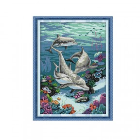 Сім'я дельфінів Набір для вишивання хрестиком з друкованою схемою на тканині Joy Sunday DA686