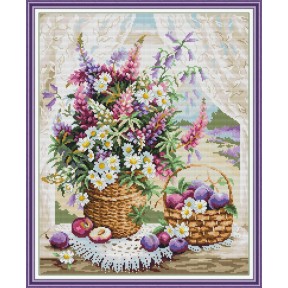 Цветочная корзина на подоконнике Набор для вышивания крестом с печатной схемой на ткани Joy Sunday H882